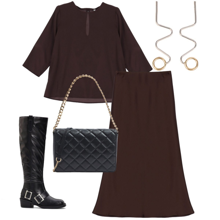 Outfit donna - Il completo moka. Stile Bon Ton per Ufficio. Abbinamento con stivali sopra il ginocchio, borse a tracolla, gonne longuette, camicie, orecchini.