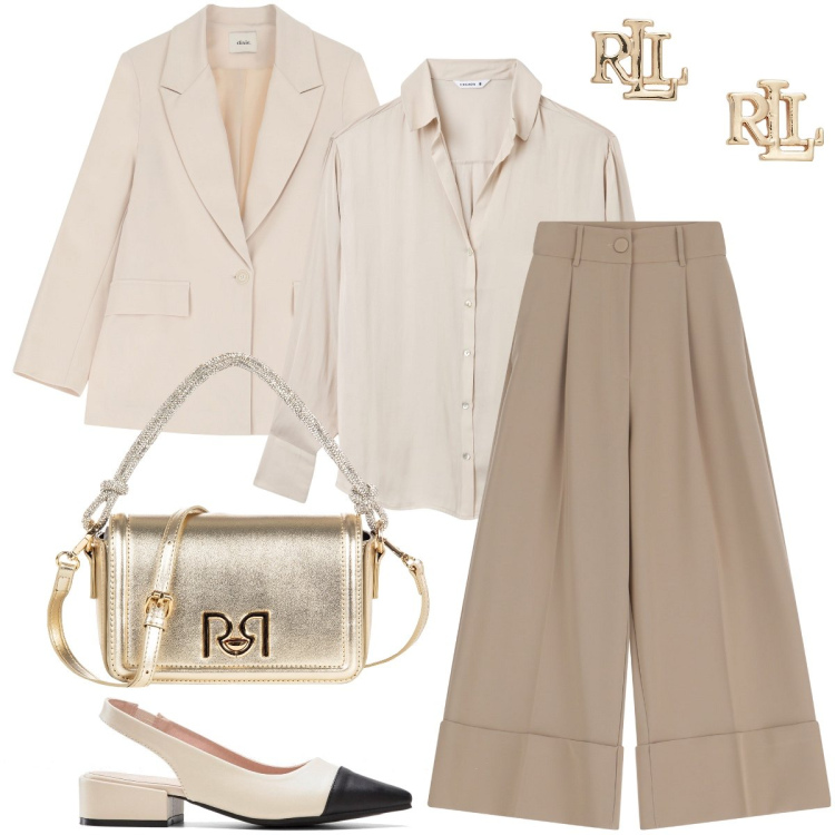 Outfit donna - Con l’arrivo della primavera. Stile Bon Ton per Cerimonia. Abbinamento con décolleté, camicie, borse a mano, pantaloni, blazer, orecchini.