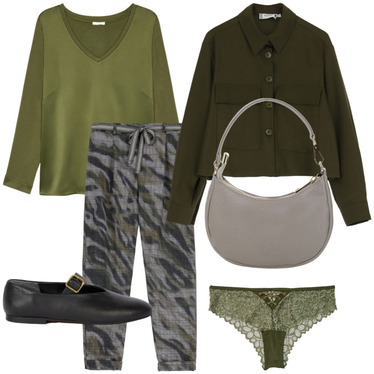 Outfit donna - Aria di verde. Stile Military per Tutti i giorni. Abbinamento con culotte, cappotti, pantaloni, borse a spalla, t-shirt, ballerine.