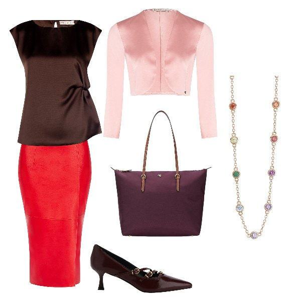 Outfit donna - Aspettando la primavera. Stile Casual chic per Ufficio. Abbinamento con collane, gonne longuette, top, bolero, décolleté, borse tote.