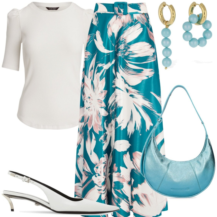 Outfit donna - Acquisti primavera estate. Stile Bon Ton per Serata fuori. Abbinamento con gonne lunghe, t-shirt, borse a spalla, orecchini, décolleté.