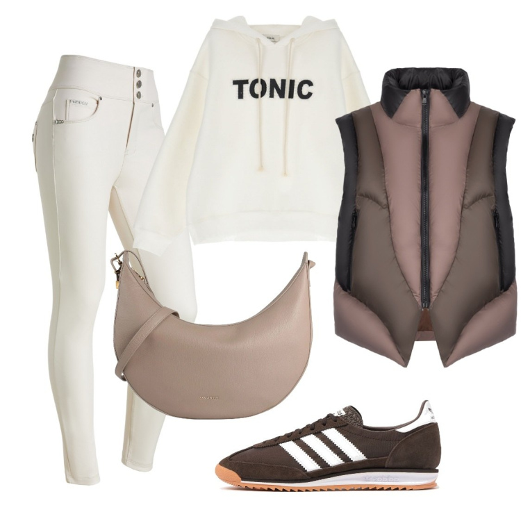 Outfit donna - Mattinata super impegnata. Stile Sporty chic per Tutti i giorni. Abbinamento con borse a tracolla, pantaloni skinny, felpe con cappuccio, piumini, sneakers.
