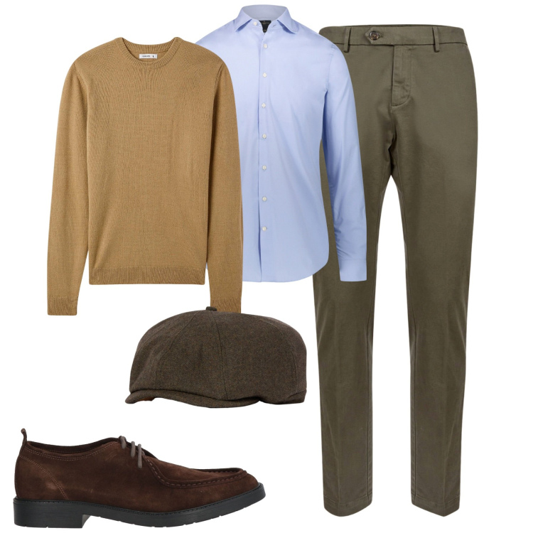 Outfit uomo - City. Stile Urban per Tutti i giorni. Abbinamento con scarpe stringate, maglieria, pantaloni chino, camicie, cappelli e berretti.