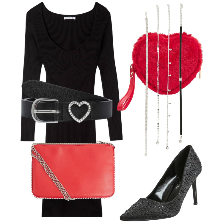 Outfit donna - Scopri il cuore. Stile Sexy per Serata fuori. Abbinamento con borse a tracolla, cinture, vestiti lunghi, portafogli, décolleté, collane.