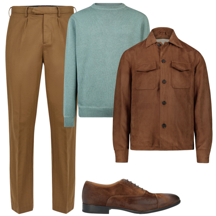 Outfit uomo - Biscotto e verde. Stile Urban per Tutti i giorni. Abbinamento con scarpe stringate, pantaloni, giacche, maglieria.