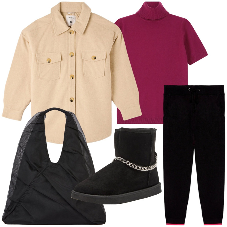 Outfit donna - Comoda con stile. Stile Casual per Scuola/Università. Abbinamento con stivaletti, cappotti, maglieria, shopping bag, pantaloni.