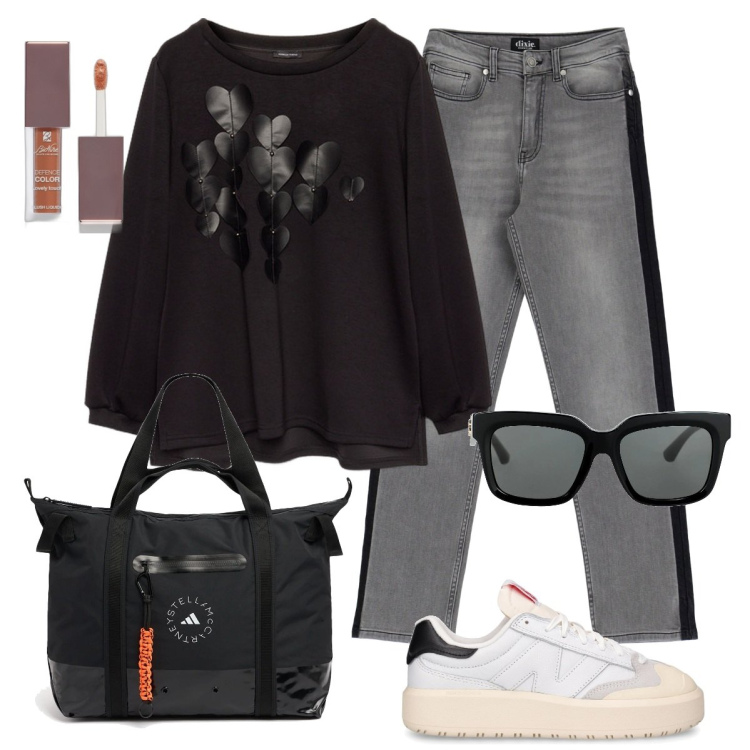 Outfit donna - Total look #2054556. Stile Urban per Tutti i giorni. Abbinamento con occhiali da sole, blush, jeans dritti, felpe, sneakers, shopping bag.
