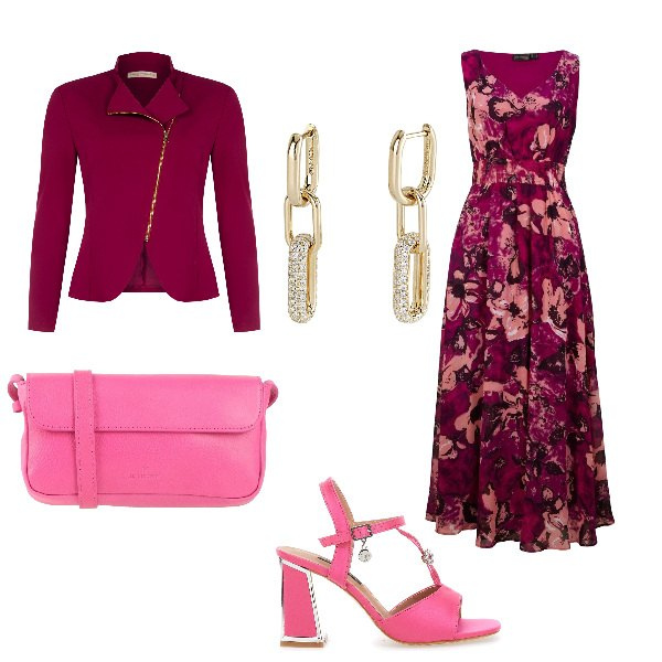 Outfit donna - Total look #2054559. Stile Chic per Serata fuori. Abbinamento con vestiti lunghi, borse a tracolla, orecchini, blazer, sandali col tacco.