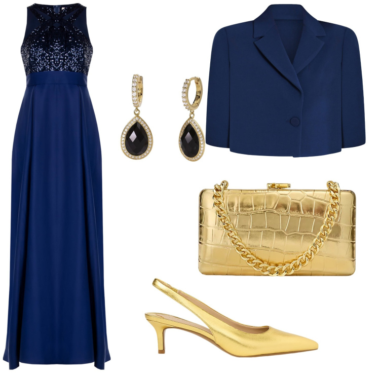 Outfit donna - Serata a teatro. Stile Chic per Serata fuori. Abbinamento con orecchini, vestiti lunghi, cappe, décolleté, clutch.