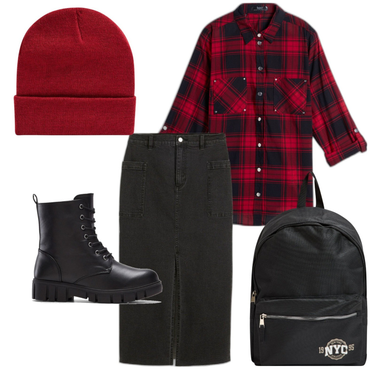 Outfit donna - Magico scozzese. Stile Basic per Scuola/Università. Abbinamento con camicie, stivaletti, gonne longuette, zaini, berretti.