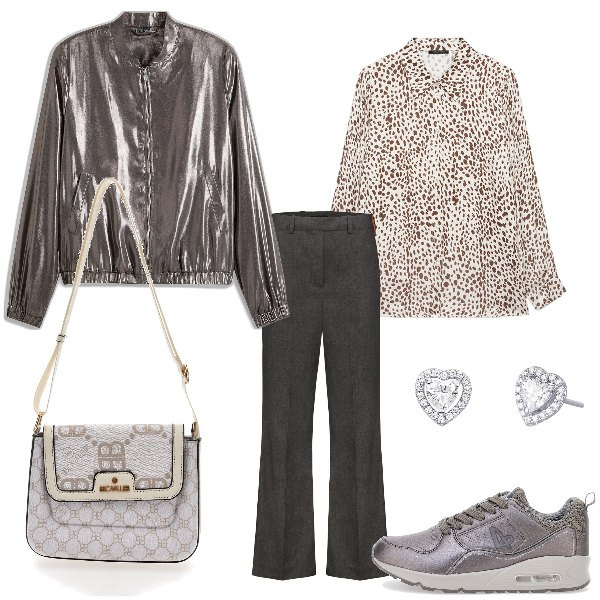Outfit donna - Stasera pizza. Stile Casual chic per Serata fuori. Abbinamento con bomber, orecchini, sneakers, camicie, pantaloni, borse a tracolla.