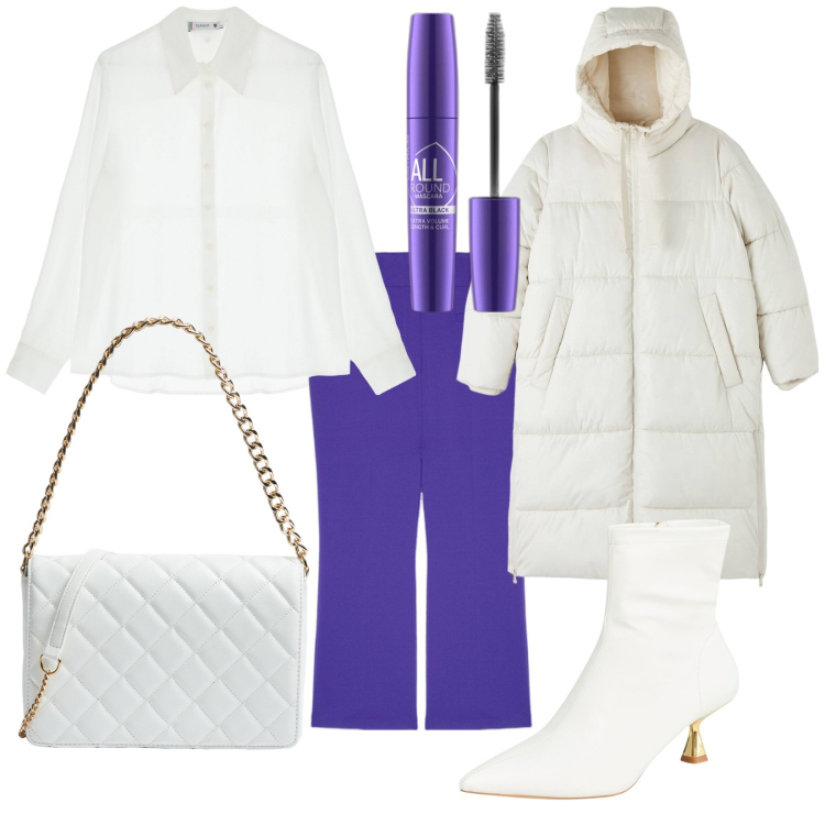 Outfit donna - Total look #2054575. Stile Casual chic per Serata fuori. Abbinamento con mascara, stivaletti, piumini, borse a tracolla, camicie, pantaloni.