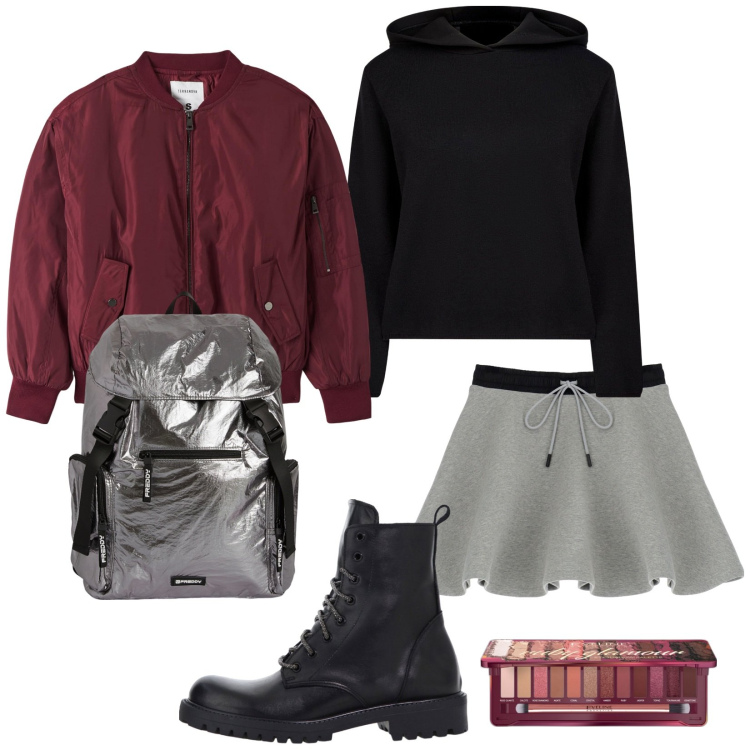 Outfit donna - Total look #2054581. Stile Trendy per Tutti i giorni. Abbinamento con ombretti, bomber, stivaletti, minigonne, zaini, maglieria.