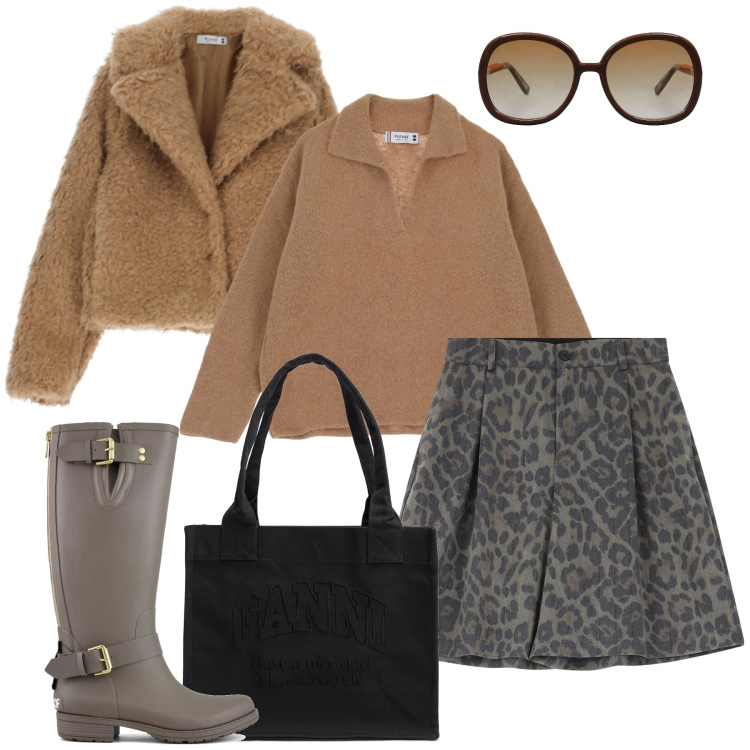 Outfit donna - La minigonna animalier. Stile Preppy per Tutti i giorni. Abbinamento con occhiali da sole, blazer, shorts, pullovers, stivali, shopping bag.