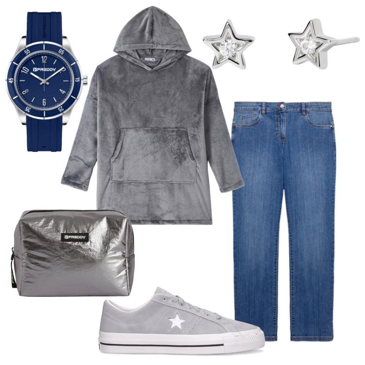 Outfit donna - Once upon a star. Stile Casual per Tutti i giorni. Abbinamento con felpe con cappuccio, orecchini, orologi, valigie, sneakers, jeans dritti.