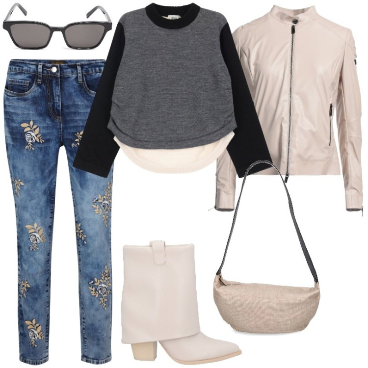Outfit donna - Giacca e stivaletti in tessuto spalmato. Stile Casual per Tutti i giorni. Abbinamento con jeans, blazer, stivaletti, pullovers, borse a spalla, occhiali da sole.