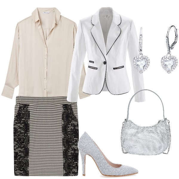 Outfit donna - Total look #2054595. Stile Glamour per Serata fuori. Abbinamento con blazer, camicie, borse a spalla, orecchini, décolleté, gonne.