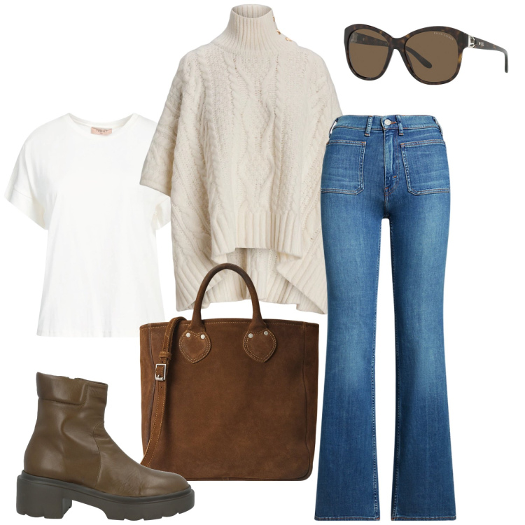 Outfit donna - In alta quota. Stile Urban per Tutti i giorni. Abbinamento con t-shirt, stivaletti, occhiali da sole, jeans bootcut, borse tote, cappotti.