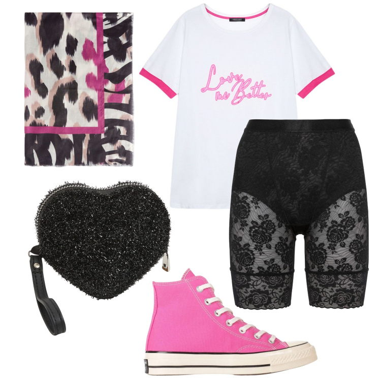 Outfit donna - Lipstick. Stile Rock per Tutti i giorni. Abbinamento con pantaloni corti, sneakers alte, portafogli, t-shirt, foulard.
