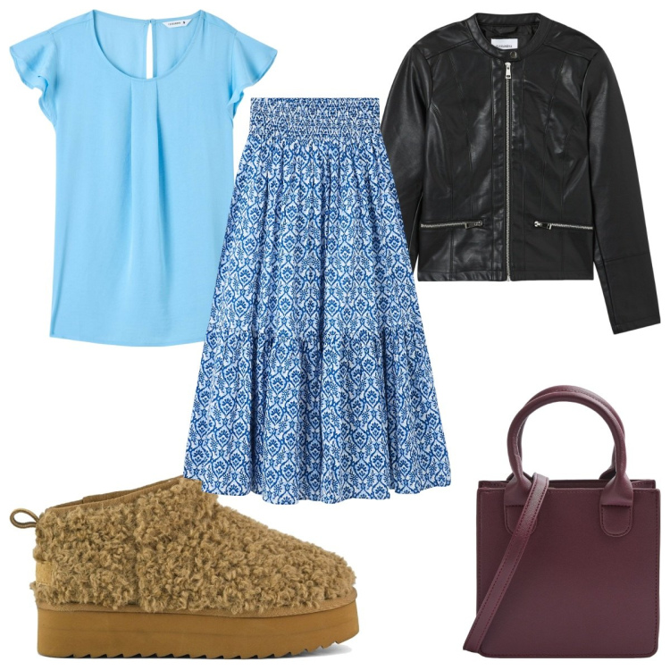 Outfit donna - Total look #2054614. Stile Boho per Tutti i giorni. Abbinamento con bluse, blazer, shopping bag, gonne lunghe, stivaletti.