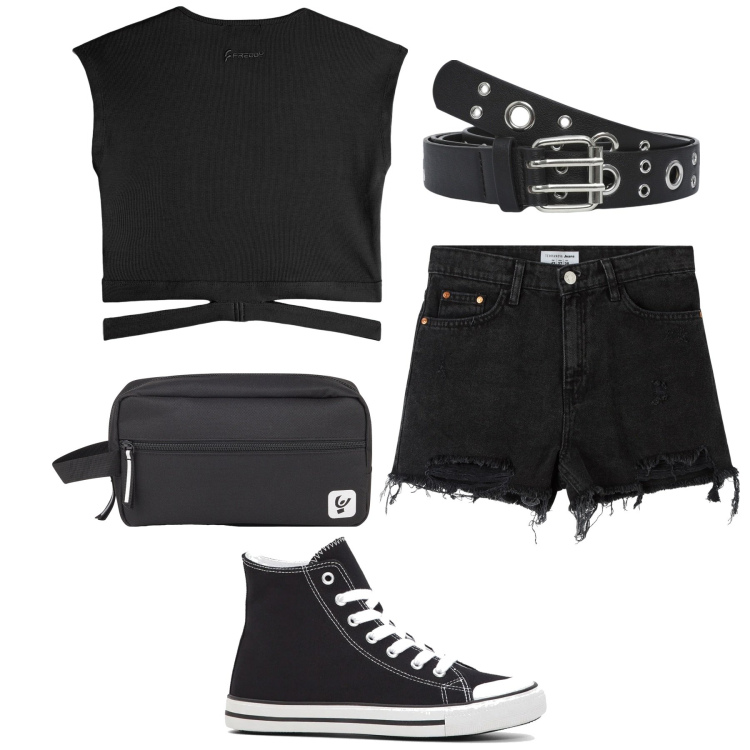 Outfit donna - Sneakers alte nere. Stile Casual per Tutti i giorni. Abbinamento con sneakers alte, shorts, cinture, t-shirt, valigie.