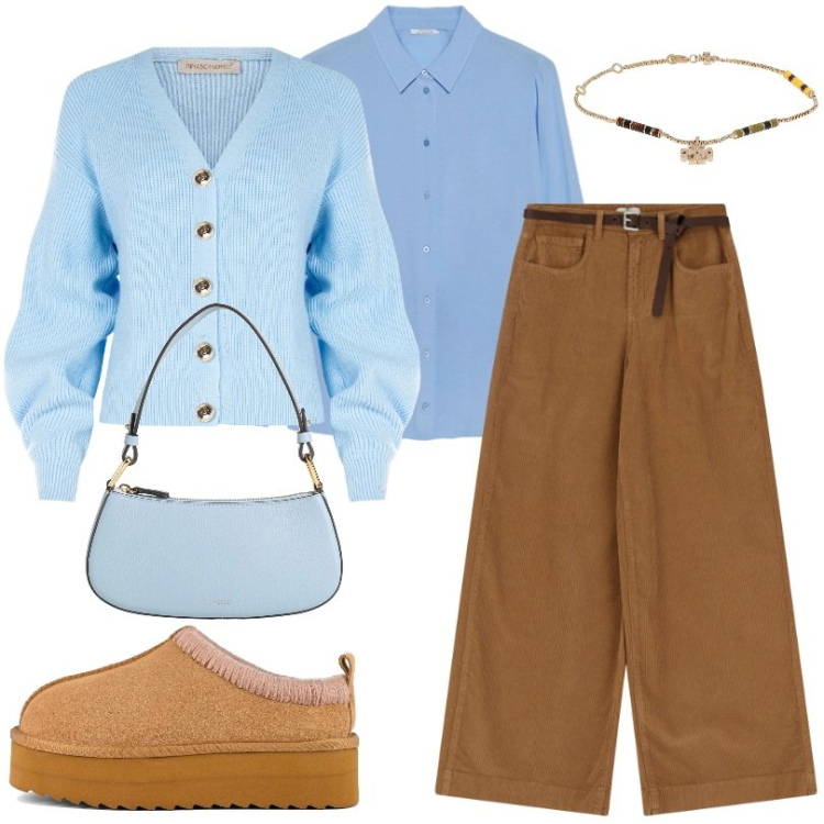 Outfit donna - Capelli sciolti. Stile Casual per Tutti i giorni. Abbinamento con braccialetti, borse a mano, cardigans, pantaloni, sabot, camicie.