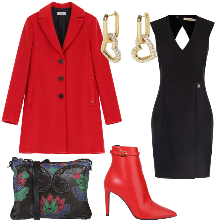 Outfit donna - Dritto al cuore. Stile Sexy per Serata fuori. Abbinamento con borse a tracolla, stivaletti, orecchini, vestiti a tubino, cappotti.