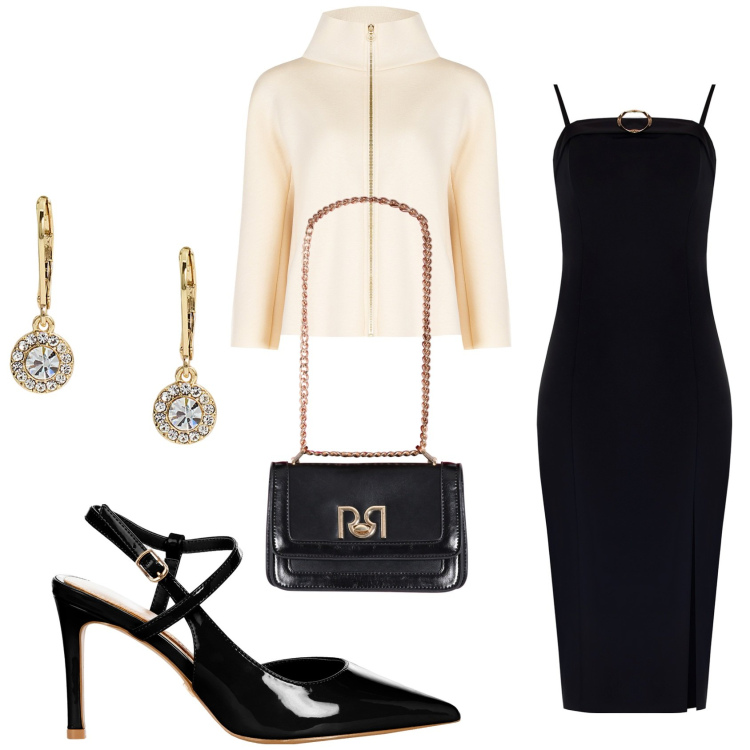 Outfit donna - Evento chic. Stile Chic per Serata fuori. Abbinamento con vestiti midi/longuette, décolleté, cappe, borse a tracolla, orecchini.