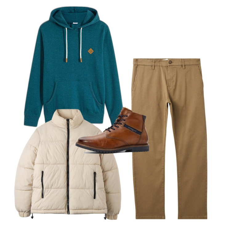 Outfit uomo - In felpa. Stile Casual per Tutti i giorni. Abbinamento con felpe con cappuccio, stivali e stivaletti, piumini, pantaloni chino.