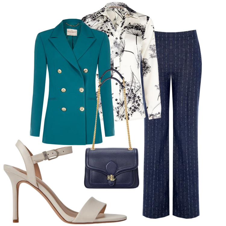 Outfit donna - Doppiopetto très chic. Stile Casual chic per Ufficio. Abbinamento con pantaloni, camicie, blazer, borse a spalla, sandali in pelle.