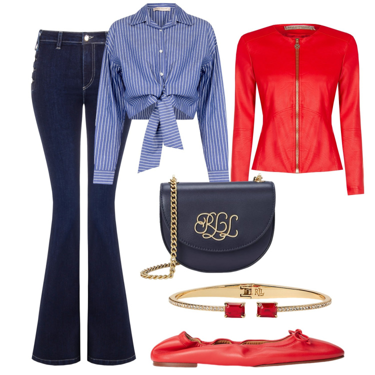 Outfit donna - Primavera Rinascimento. Stile Glamour per Tutti i giorni. Abbinamento con jeans a zampa, blazer, camicie, borse a tracolla, braccialetti, ballerine.