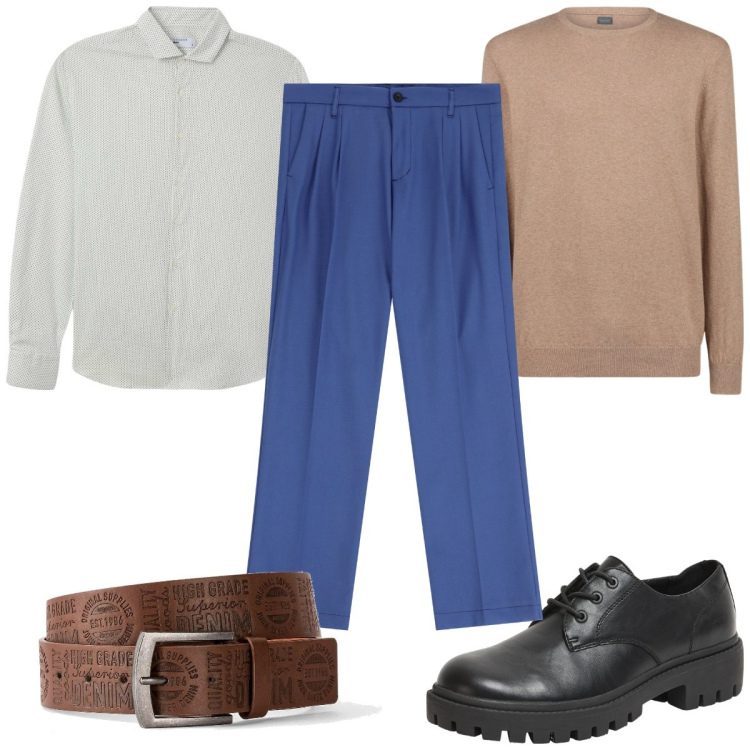 Outfit uomo - Total look #2054652. Stile Casual per Ufficio. Abbinamento con cinture, scarpe stringate, camicie, pantaloni, maglieria.