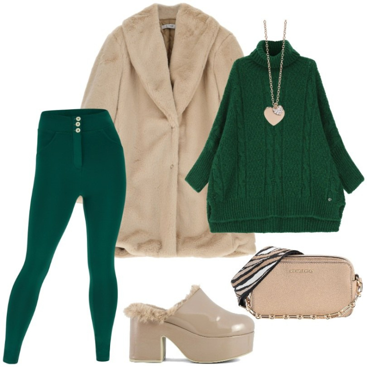 Outfit donna - capi basic in verde e toni neutri. Stile Basic per Tutti i giorni. Abbinamento con borse a tracolla, ciondoli, maglieria, cappotti, pantaloni skinny, sabot.