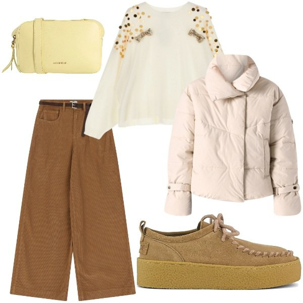 Outfit donna - Total look #2054669. Stile Casual chic per Tutti i giorni. Abbinamento con borse a tracolla, piumini, maglieria, pantaloni, mocassini.