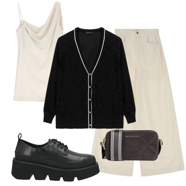 Outfit donna - Solo bianco e nero. Stile Casual per Tutti i giorni. Abbinamento con borse a tracolla, scarpe stringate, vestiti asimmetrici, pantaloni a palazzo, cardigans.