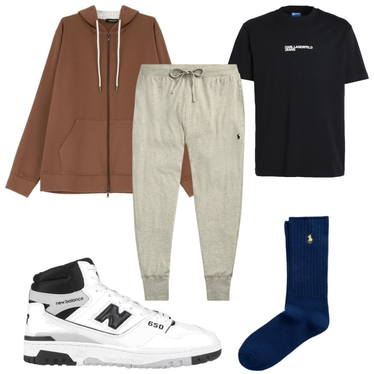Outfit uomo - Total look #2054690. Stile Trendy per Tutti i giorni. Abbinamento con sneakers alte, t-shirt, felpe con cappuccio, pantaloni, calzini.