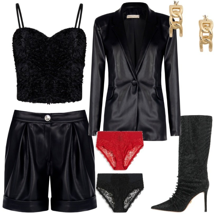 Outfit donna - Happy Valentines. Stile Glamour per Serata fuori. Abbinamento con culotte, stivali, shorts, top, blazer, orecchini.