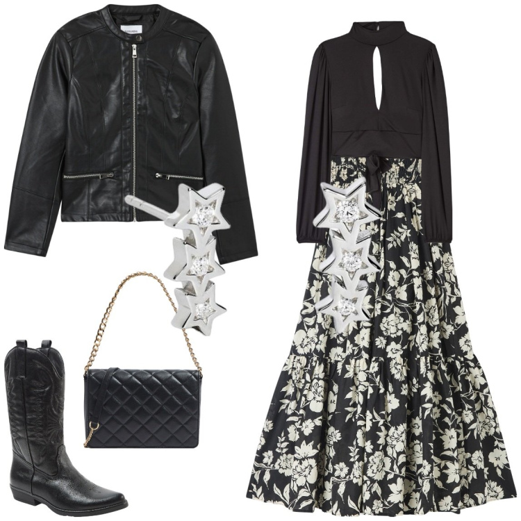 Outfit donna - Outfit regale per San Valentino. Stile Casual chic per Serata fuori. Abbinamento con gonne lunghe, t-shirt, blazer, stivali, borse a tracolla, orecchini.