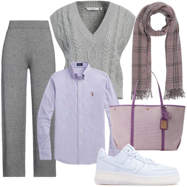 Outfit donna - Outfit confortevole per lo shopping. Stile Urban per Ufficio. Abbinamento con pullovers, sciarpe, pantaloni, camicie, borse tote, sneakers.