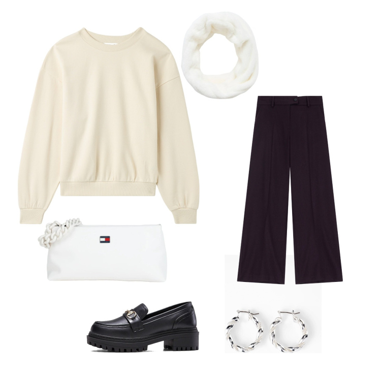 Outfit donna - Eleganza senza tento. Stile Casual chic per Serata fuori. Abbinamento con orecchini, mocassini, borse a mano, fasce per capelli, felpe, pantaloni a palazzo.