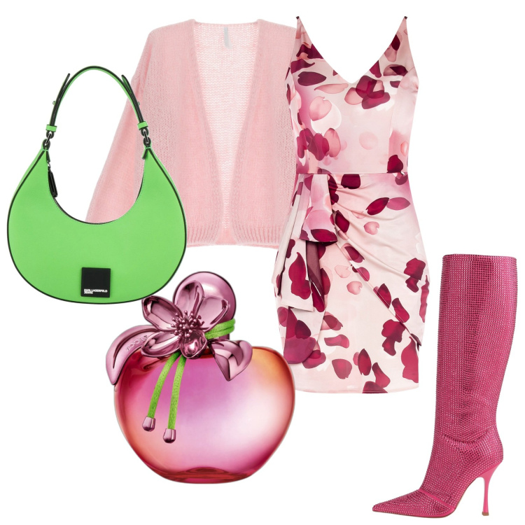 Outfit donna - Verderosa. Stile Bon Ton per Serata fuori. Abbinamento con stivali, borse a mano, profumi, vestiti a tubino, cardigans.