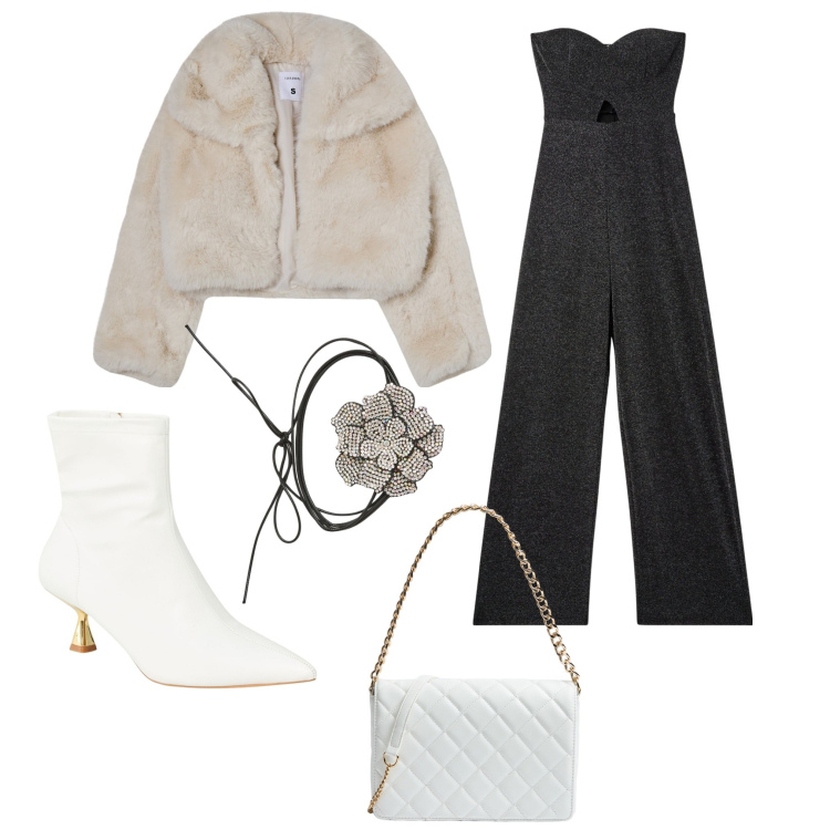Outfit donna - Serata di San Valentino. Stile Glamour per Serata fuori. Abbinamento con stivaletti, tute, blazer, collane, borse a tracolla.