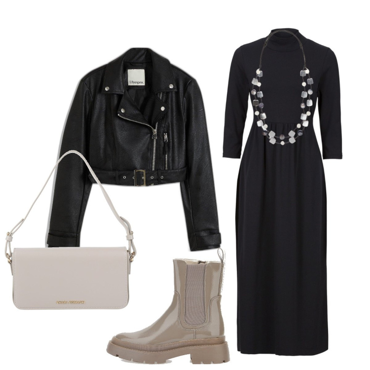Outfit donna - Femminile anche con il chiodo. Stile Rock per Tutti i giorni. Abbinamento con vestiti midi/longuette, blazer, borse a mano, anfibi, collane.