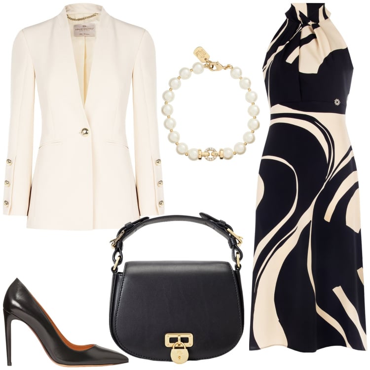 Outfit donna - Rinascimento - SS25. Stile Chic per Ufficio. Abbinamento con vestiti midi/longuette, blazer, borse a tracolla, décolleté, braccialetti.