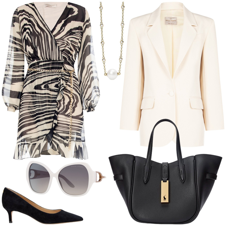 Outfit donna - Rinascimento - SS25. Stile Chic per Ufficio. Abbinamento con collane, vestiti, blazer, occhiali da sole, borse tote, décolleté.