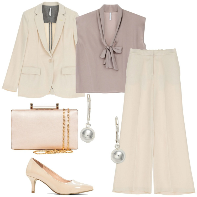 Outfit donna - Cerimonia in primavera. Stile Chic per Cerimonia. Abbinamento con décolleté, clutch, pantaloni, top, blazer, orecchini.
