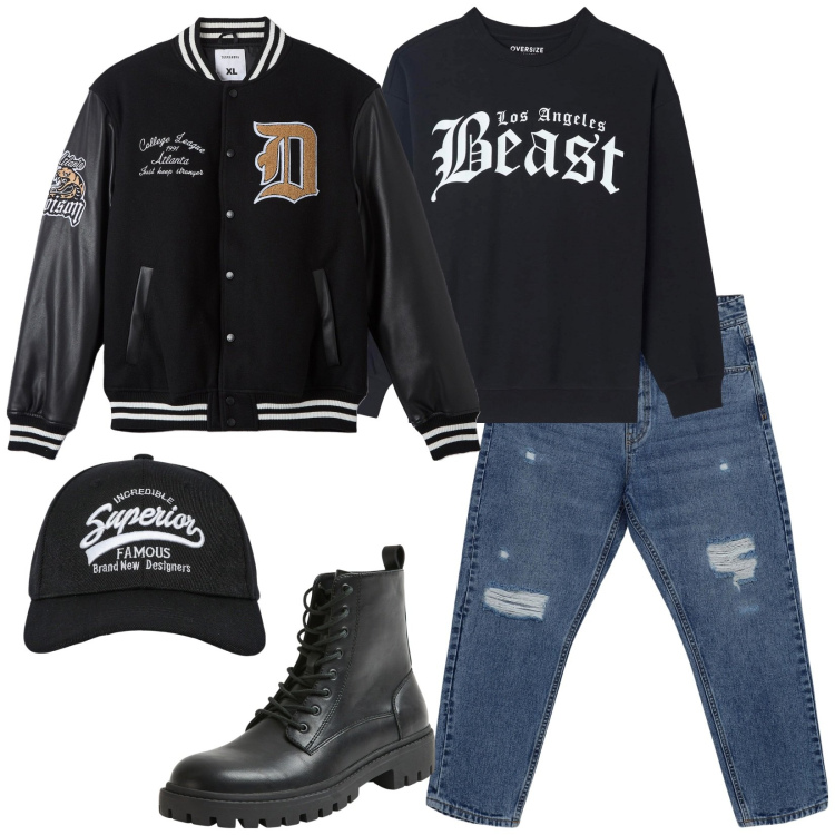 Outfit uomo - Outskirts. Stile Urban per Tutti i giorni. Abbinamento con jeans strappati, cappelli con visiera, felpe, bomber, anfibi.
