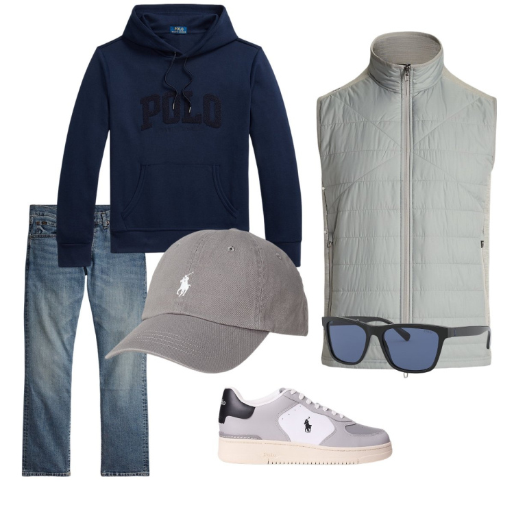 Outfit uomo - A spasso per la città. Stile Casual per Tutti i giorni. Abbinamento con cappelli, sneakers, felpe con cappuccio, occhiali da sole, jeans dritti, piumini.