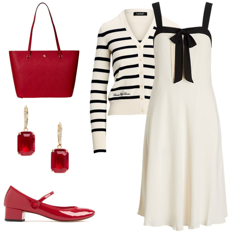 Outfit donna - Completo ciliegia. Stile Chic per Tutti i giorni. Abbinamento con borse tote, orecchini, cardigans, vestiti senza maniche, scarpe col tacco.