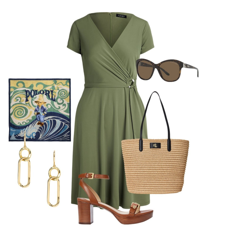 Outfit donna - Week and in campagna. Stile Casual chic per Tutti i giorni. Abbinamento con occhiali da sole, foulard, vestiti midi/longuette, borse tote, orecchini, sandali col tacco.